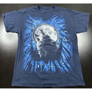 Vintage Wolf Shirt Men's M Blue Graphic Tee Short Sleeve Moon Howling Crew Neck‎
